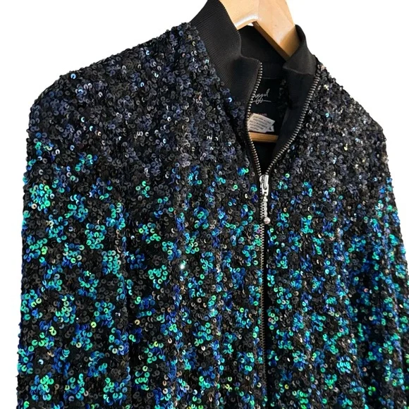 Mac Duggal Sequin Bomber Jacket Black Blue Green Zip Up Size 4 - Picture 7 of 10